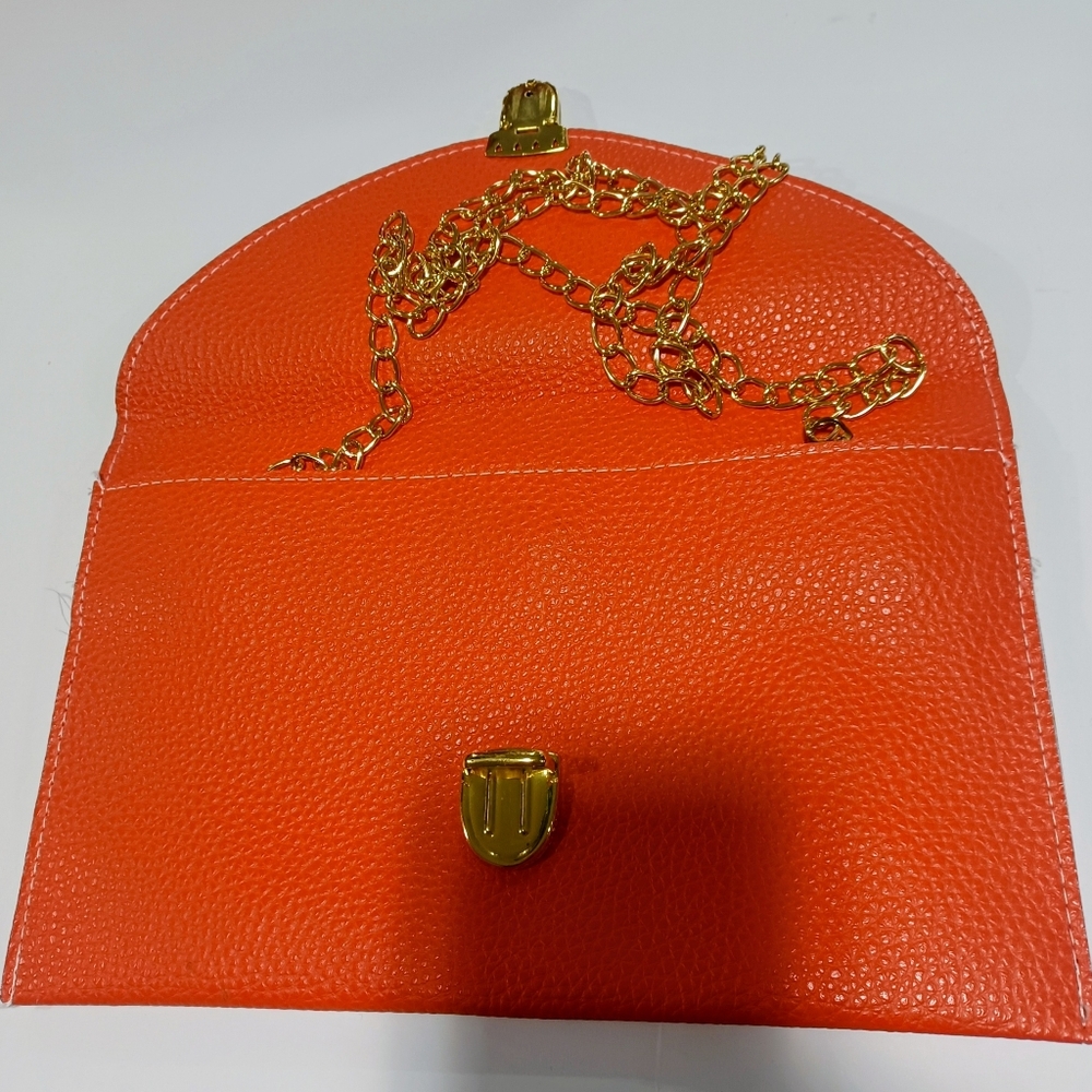 Orange Envelope Clutch with Gold Chain - Picture 9 of 10
